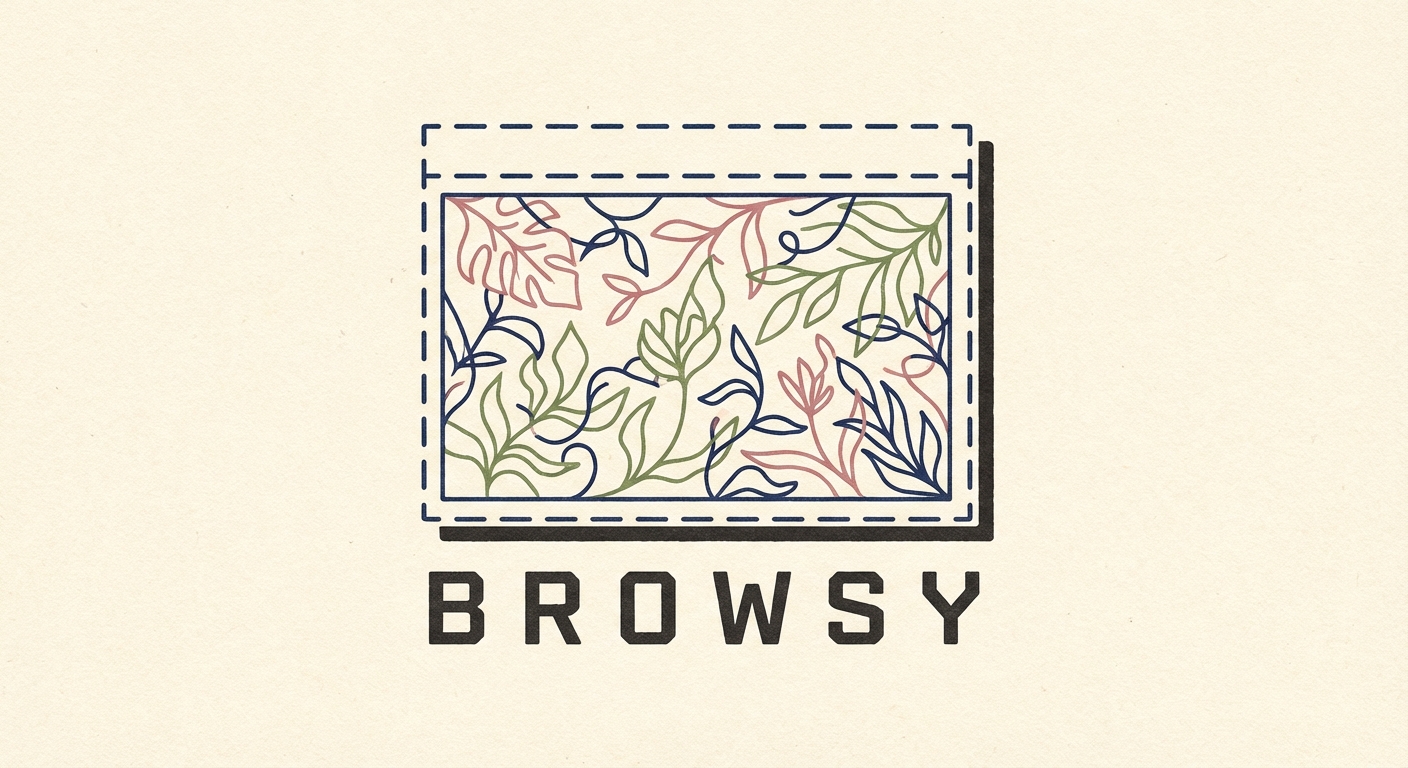 Browsy - botanical line art with intertwined leaves in navy, rose, and olive green on parchment